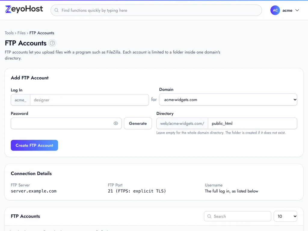 The FTP Accounts page with the Add FTP Account form, the Connection Details panel and a list of FTP accounts with their domain and path.