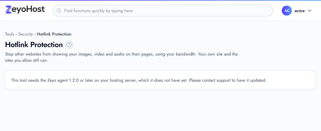 The Hotlink Protection page for a website, showing whether it is on, the file types, the redirect address, the allowed sites and the Turn On button.