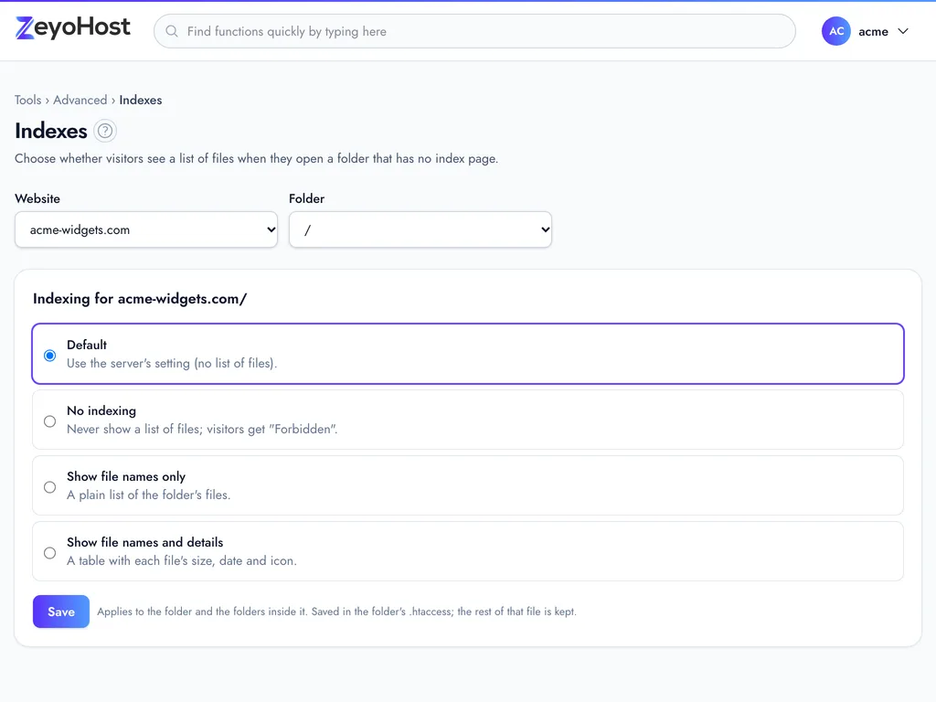 The Indexes page with the Folder list and the four settings: Default, No indexing, Show file names only, and Show file names and details.