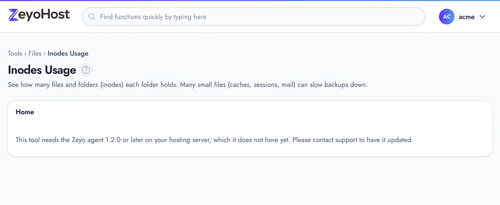 The Inodes Usage page listing the folders of the home directory with the number of files and folders in each, highest first.