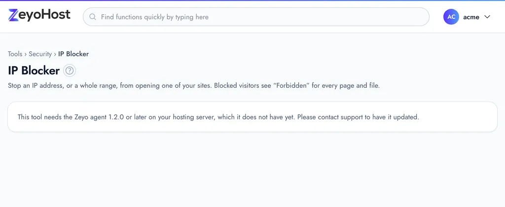 The IP Blocker page with the Block an Address form, a note showing your own address, and the list of addresses blocked on the selected website.