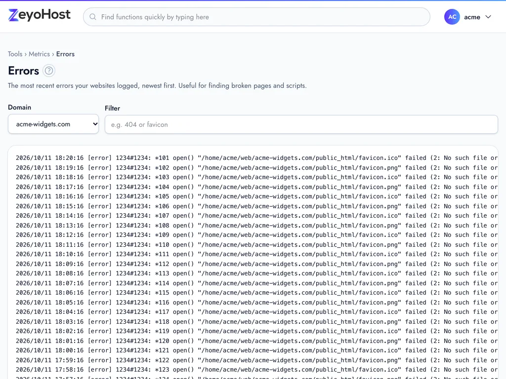 The Errors page with a Domain menu and a Filter field above the latest lines of the chosen website's error log.