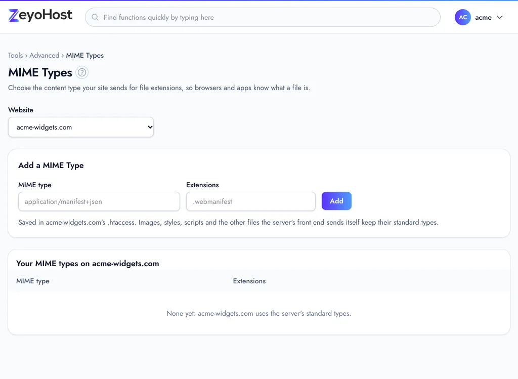 The MIME Types page with the Add a MIME Type form, its MIME type and Extensions fields, and the table of MIME types on the website.