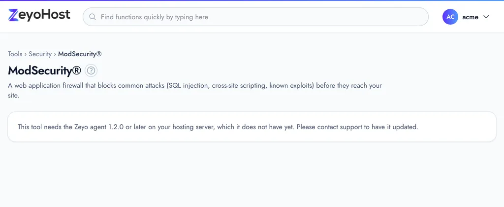 The ModSecurity page with a table of your websites, each marked On or Off, and a Turn off or Turn On link.