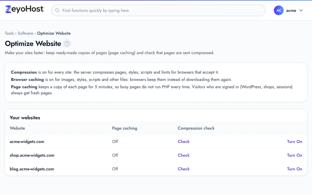 Optimize Website with notes on compression, browser caching and page caching above a table of websites with their page caching state, a compression check and actions.