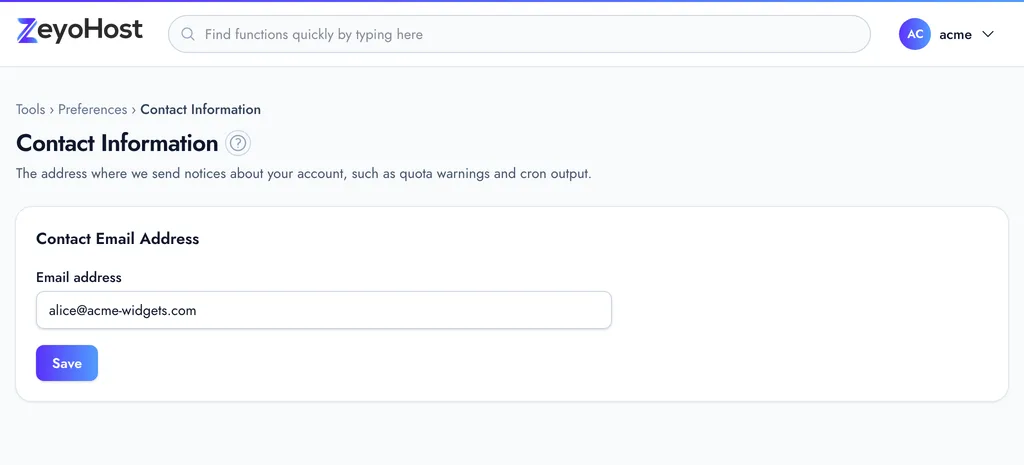Contact Information with the Contact Email Address form and a Save button.