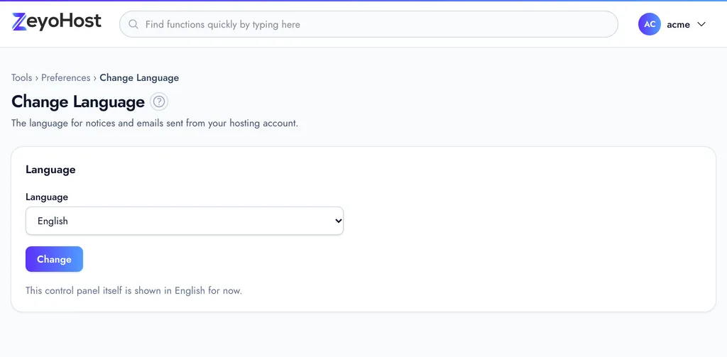 Change Language with a language list and a Change button.