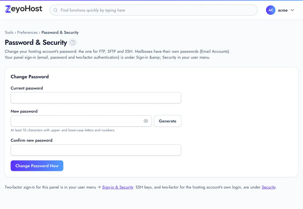 Password & Security with the Change Password form: current password, new password with a Generate button, and confirmation.