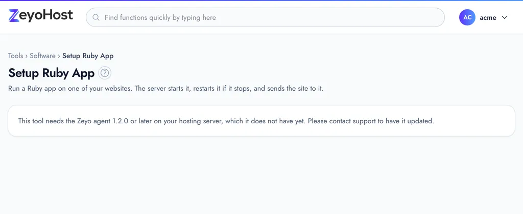 The Setup Ruby App page, where you create a Ruby app for one of your websites.