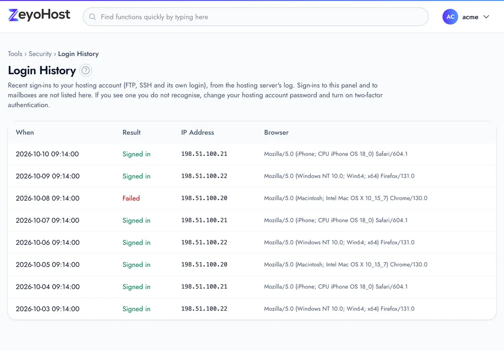 The Login History page: a table of sign-ins with the date and time, the result, the IP address and the browser.
