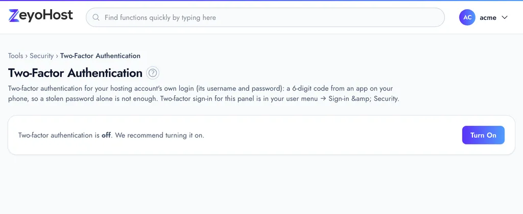 The Two-Factor Authentication page saying two-factor authentication is off, with the Turn On button.