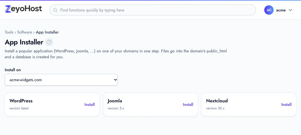 The App Installer with the Install on domain list and a card for each application, showing its version and an Install link.