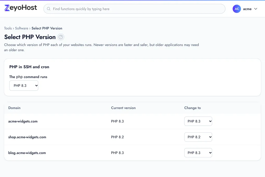 Select PHP Version with the PHP in SSH and cron setting at the top and a table of domains with their current version and a Change to list.