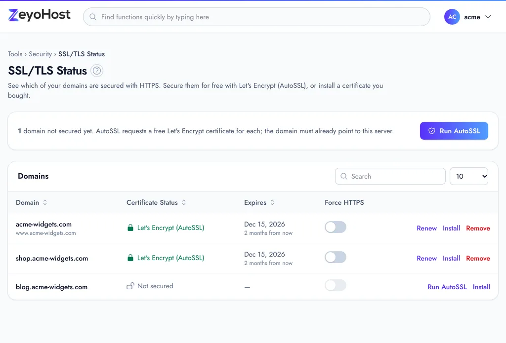 SSL/TLS Status in the panel.