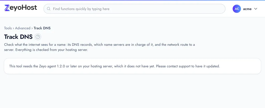 Track DNS with the Host name or IP address field, the Record list, and the Look Up, Show Delegation and Trace Route buttons.