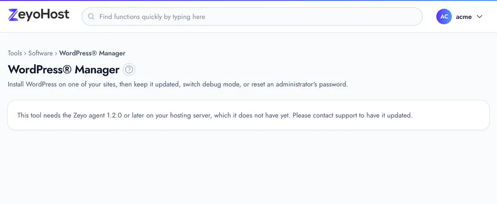 WordPress Manager with the Your WordPress sites table (site, version, updates, debug) above the Install WordPress form.